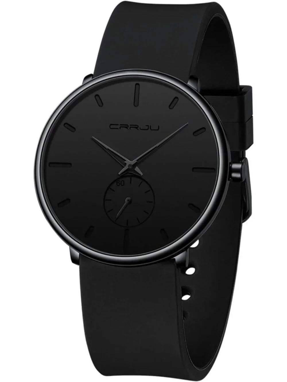 Crrju Men's All Black Stylish Waterproof Quartz Unisex Ultra Silicone Band Watch